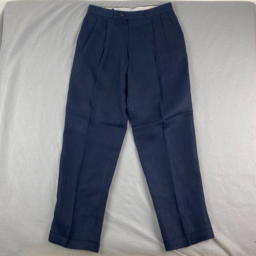 Vtg Polo University Ralph Lauren Mens 33x32 Blue Herringbone Linen Trousers